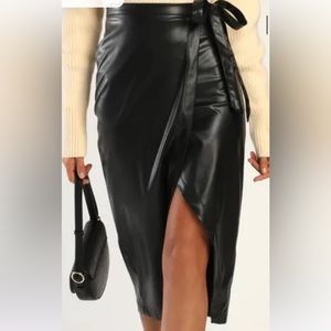 Lulu’s Effortless Class Black Vegan Leather Faux Wrap Midi Skirt - Size XL NWT